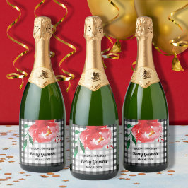 ギンガムチェックのスパークリングワインボトルラベル 水彩ローズ スパークリングワインラベル