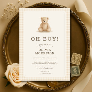 ギンガムチェックのテディベア「Oh Boy」ニュートラルベビーシャワー 招待状