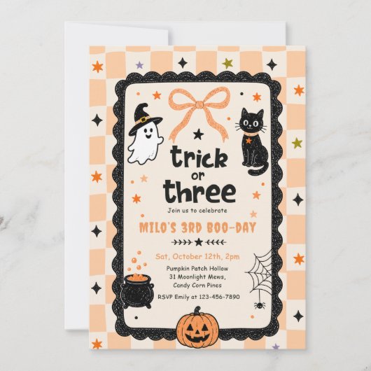 ギンガムチェックのハロウィン&3歳の誕生日パーティー 招待状 (正面)