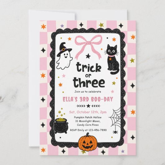 ギンガムチェックのハロウィン&3歳の誕生日パーティー 招待状 (正面)