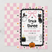 ギンガムチェックのハロウィン&3歳の誕生日パーティー 招待状 (正面/裏面)