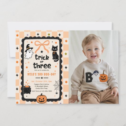 ギンガムチェックのハロウィン&3歳の誕生日フォト 招待状 (正面)