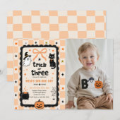 ギンガムチェックのハロウィン&3歳の誕生日フォト 招待状 (正面/裏面)