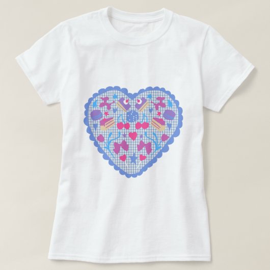 ギンガムチェックのハートとバルーンとお菓子 Tシャツ (デザイン正面)