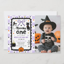 ギンガムチェックの不気味な１歳のハロウィン誕生日パーティーの写真 招待状