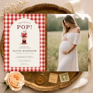 ギンガムチェックの写真ベビーシャワー "She's Ready to Pop" 招待状