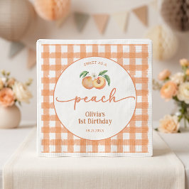 ギンガムチェックの甘い桃の誕生日 スタンダードカクテルナプキン