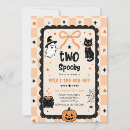 ギンガムチェックの2つのスプーキー・ハロウィン誕生日パーティー 招待状