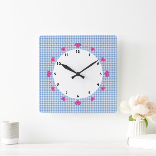 ギンガムチェック青と白とハート時計 スクエア壁時計 (ホーム)