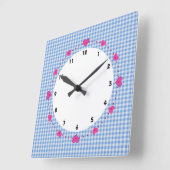 ギンガムチェック青と白とハート時計 スクエア壁時計 (傾斜)