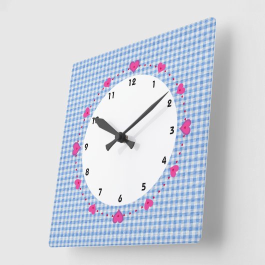ギンガムチェック青と白とハート時計 スクエア壁時計 (傾斜)