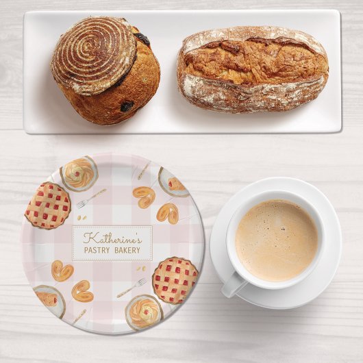 ギンガムパターンウォーターカラーペストリーベーキングベーカリー ペーパープレート