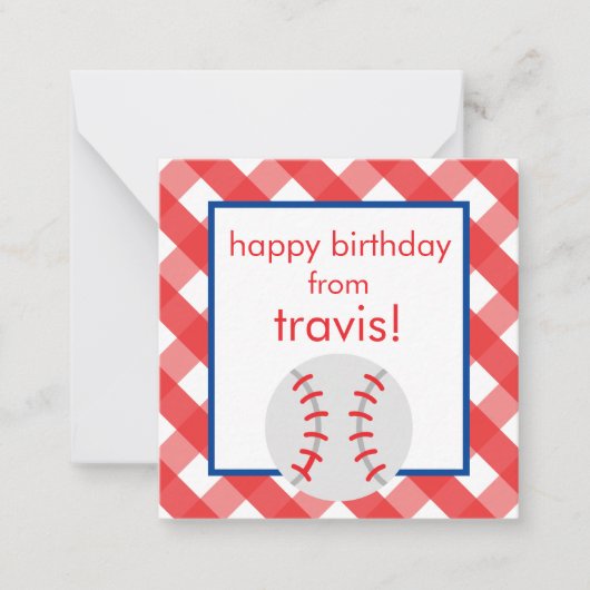 ギンガムパーソナライズされた野球ギフト囲いカード ノートカード (正面)