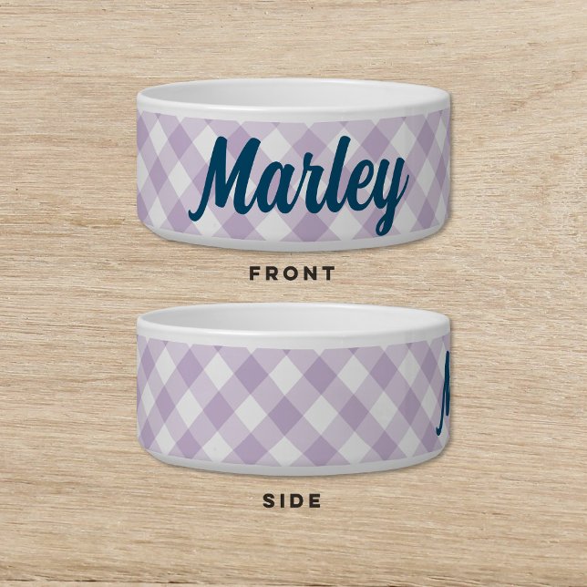 ギンガムパープルブルードッグキャットペットボウル ボウル (クリエイターアップロード済み)