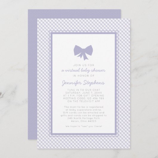 ギンガムパープルボウ仮想ベビーシャワー 招待状 (正面/裏面)