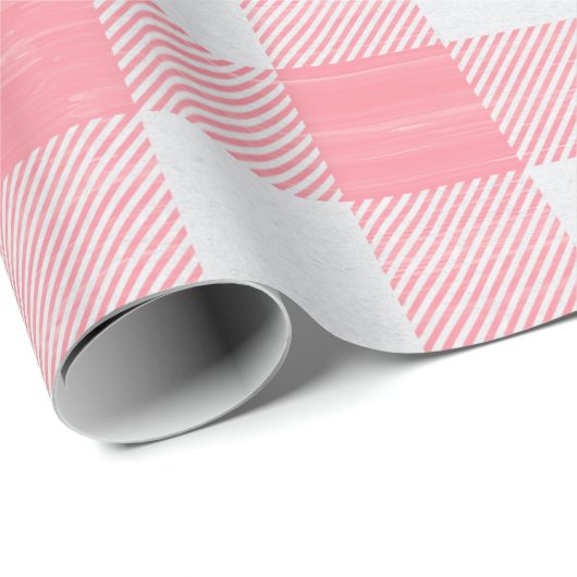 ギンガムピンクの格子状ガーリーの赤ちゃん女の子シャワーかわいい ラッピングペーパー (ロールコーナー)