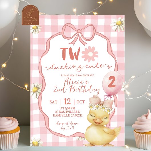 ギンガムピンクデイジーイエローダック2歳の誕生日 招待状