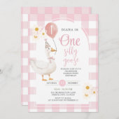 ギンガムピンクデイジー間抜けワンガチョウ1歳 招待状 (正面/裏面)