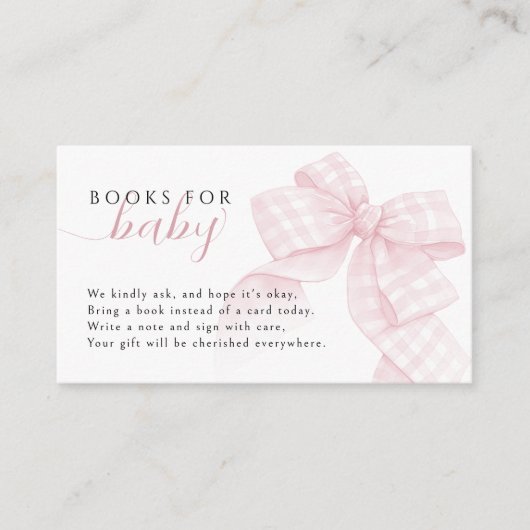 ギンガムピンクボウ赤ちゃんシャワーベビー3,5x2"用ブック エンクロージャーカード (正面)