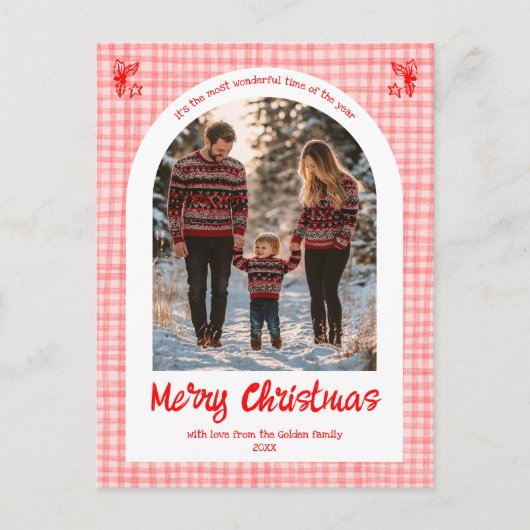 ギンガムピンクレッドクリスマスカスタムクリスマスアーチ3写真 シーズンポストカード (正面)