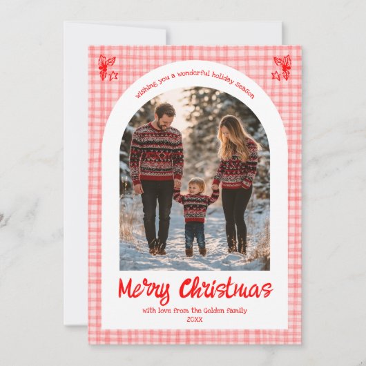 ギンガムピンクレッドクリスマスカスタムクリスマスアーチ5写真 シーズンカード (正面)