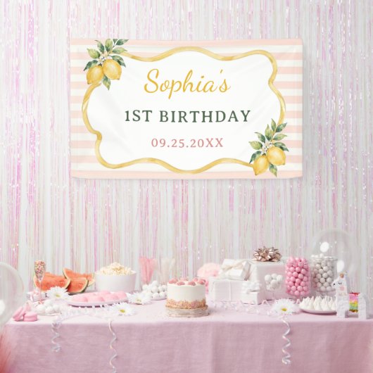 ギンガムピンクレモンの1歳の誕生日 横断幕 (パーティー)