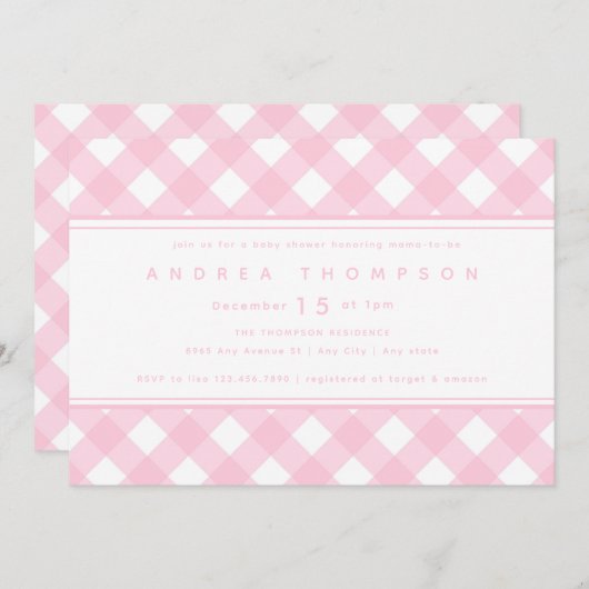ギンガムピンク |ガールベイビーシャワー招待状 招待状 (正面/裏面)