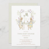 ギンガムピーターうさぎ紋双生児シャワー 招待状 (正面/裏面)