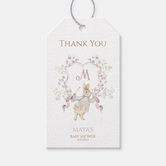 ギンガムピーターザラビットピンクのモノグラムベビーシャワー ギフトタグ (正面)