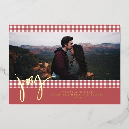 ギンガムファームハウスレッドクリスマスファミリーフォト 箔シーズンカード (正面)