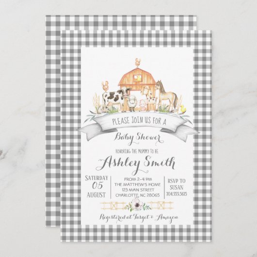 ギンガムファームベビーシャワーの招待状 招待状 (正面/裏面)