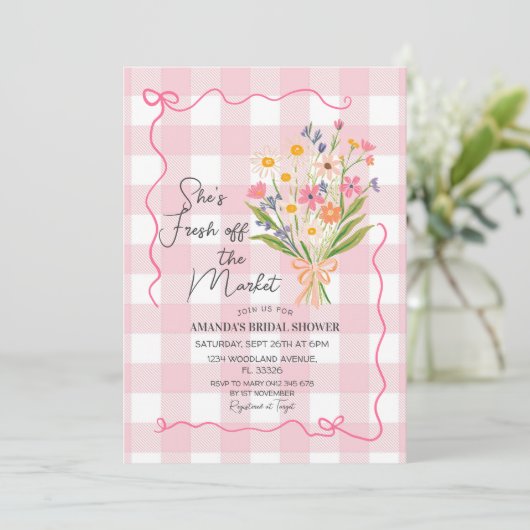 ギンガムフラワーオフザマーケットブライダルシャワー 招待状 (スタンド正面)