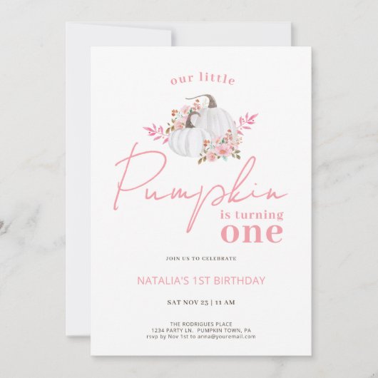 ギンガムフローラウアリトルカンプキンファースト誕生日 招待状 (正面)