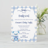 ギンガムブルーの赤ちゃんシャワーを心から待つことができる 招待状 (スタンド正面)