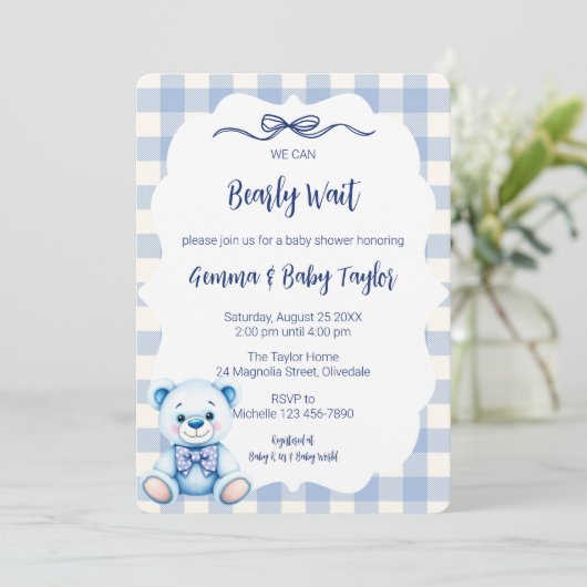 ギンガムブルーの赤ちゃんシャワーを心から待つことができる 招待状 (スタンド正面)