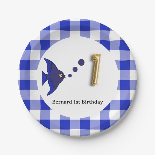 ギンガムブルーフィッシュ&バルーン1st誕生日 ペーパープレート (正面)