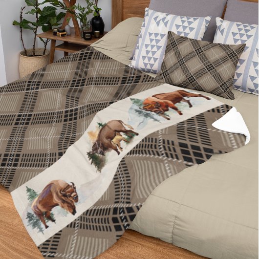 ギンガムプレイドウォーターカラーバイソンバッファロー素朴 フリースブランケット