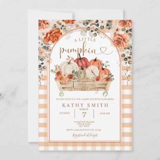 ギンガムベビーシャワーの途中に少しカボチャがある 招待状 (正面)