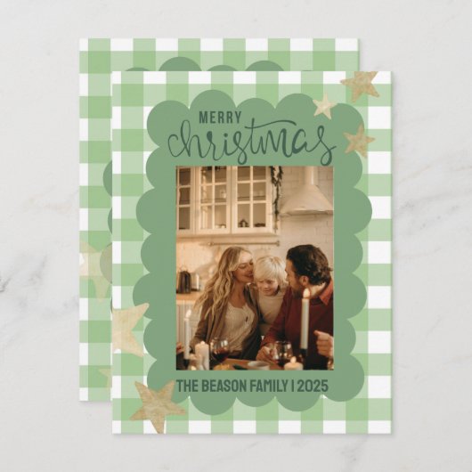 ギンガムホタテ緑の写真クリスマス シーズンカード (正面/裏面)