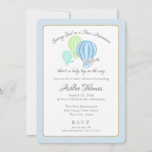 ギンガムホットエアバルーン冒険ベビーシャワー 招待状 (正面)