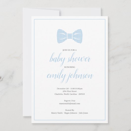 ギンガムボウタイ名門私立校風の男の赤ちゃんシャワー招待状 招待状 (正面)