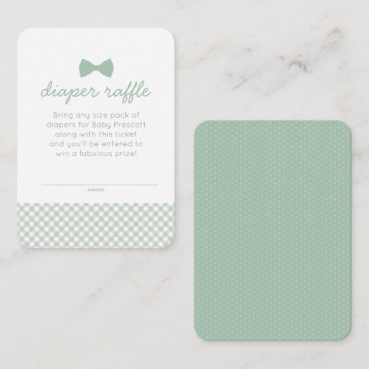 ギンガムボウタイ赤ちゃんシャワーグリーンおむつラッフル エンクロージャーカード (正面/裏面)