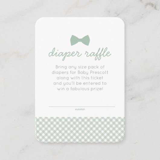 ギンガムボウタイ赤ちゃんシャワーグリーンおむつラッフル エンクロージャーカード (正面)