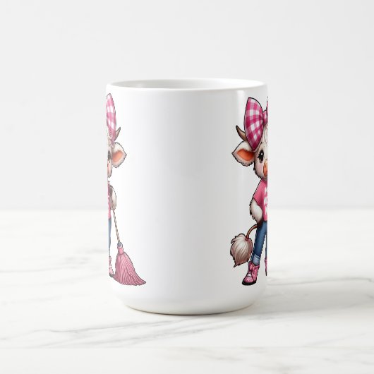 ギンガムボウ付きピンクの衣装を着た漫画の牛 コーヒーマグカップ (中央)