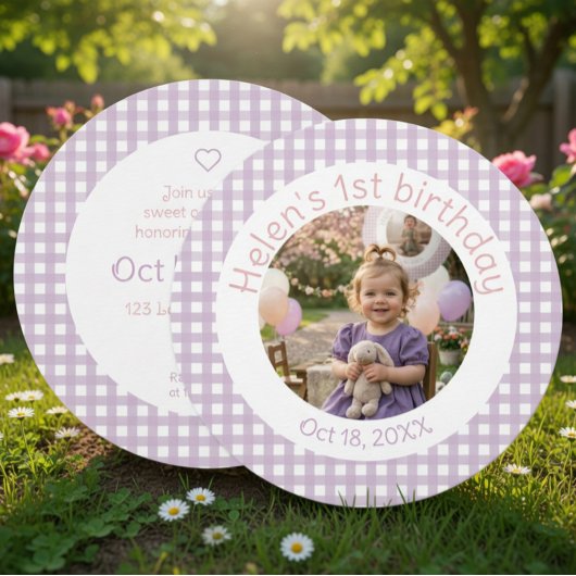 ギンガムラベンダー 1歳の誕生日　写真招待状 招待状