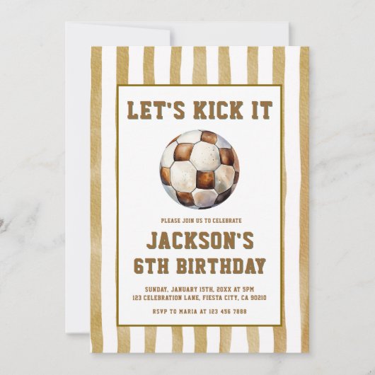 ギンガム柄サッカーフットボール 誕生日招待状 招待状 (正面)