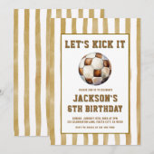 ギンガム柄サッカーフットボール 誕生日招待状 招待状 (正面/裏面)