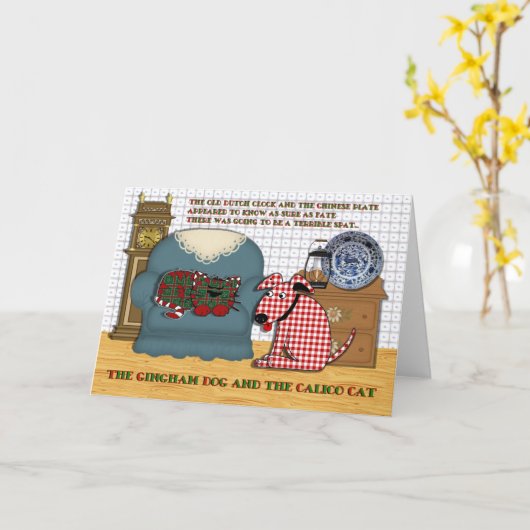 ギンガム犬および茶色のぶち猫 カード (黄色い花)