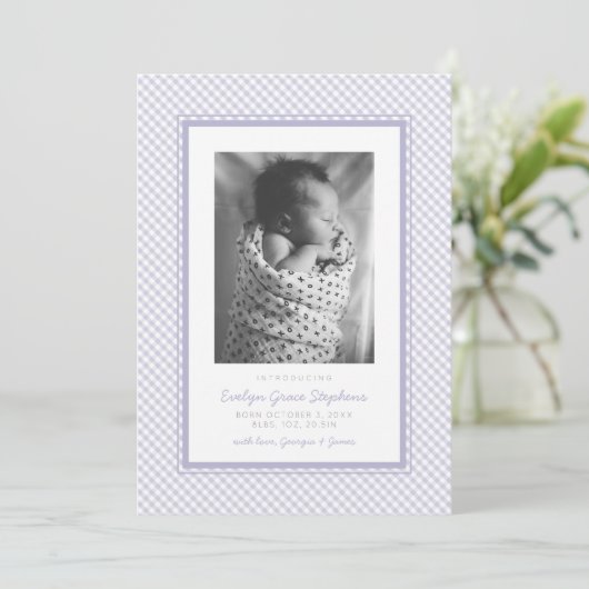 ギンガム甘い紫色のプライド誕生の発表 案内状 (スタンド正面)