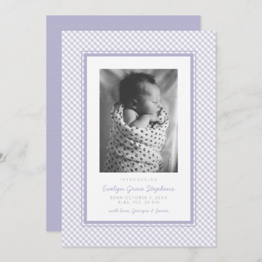 ギンガム甘い紫色のプライド誕生の発表 案内状 (正面/裏面)